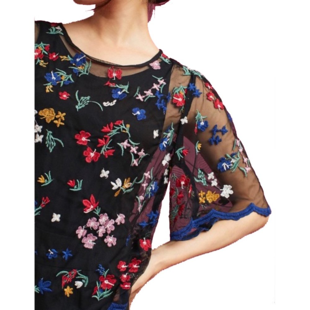 Anthropologie Maeve Meadows Embroidered Floral Sheer Top Blouse